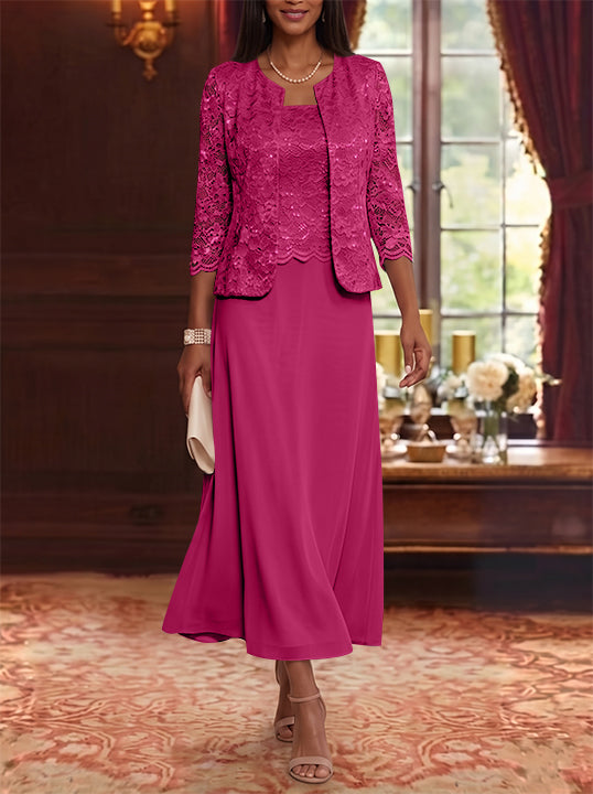 A-Line/Princess Scoop Chiffon Mother of the Bride Dresses with Jacket Floral Lace Tea-Length 3/4 Sleeves