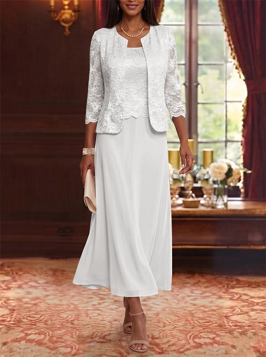 A-Line/Princess Scoop Chiffon Mother of the Bride Dresses with Jacket Floral Lace Tea-Length 3/4 Sleeves