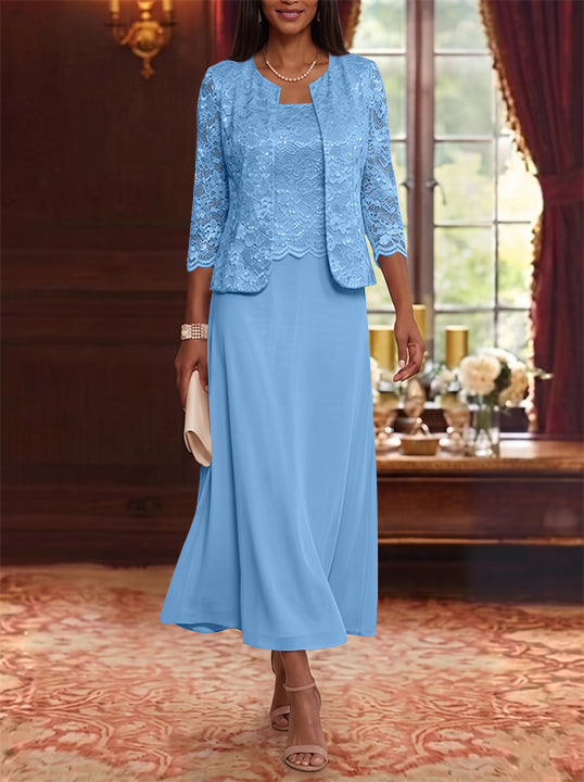 A-Line/Princess Scoop Chiffon Mother of the Bride Dresses with Jacket Floral Lace Tea-Length 3/4 Sleeves