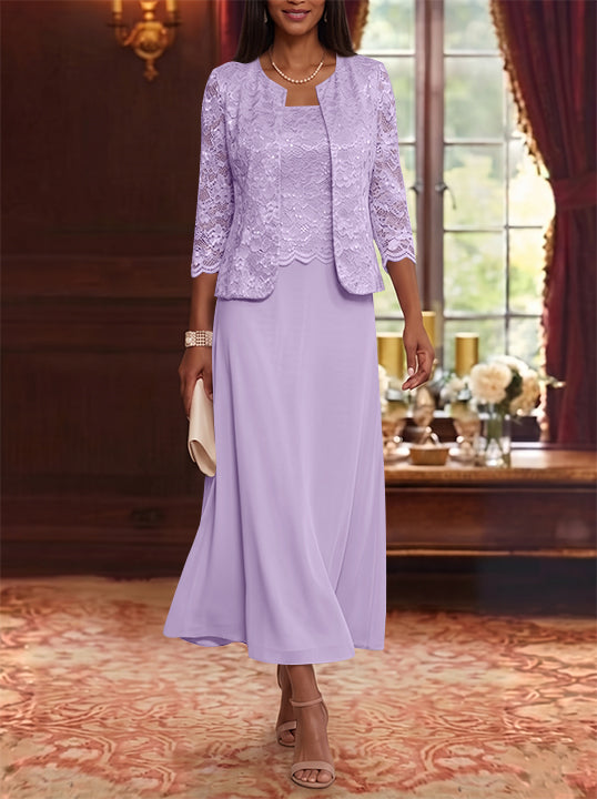 A-Line/Princess Scoop Chiffon Mother of the Bride Dresses with Jacket Floral Lace Tea-Length 3/4 Sleeves
