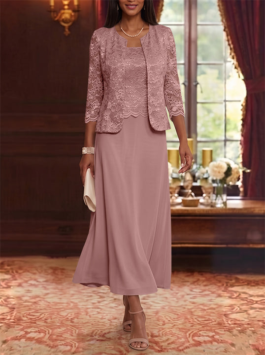 A-Line/Princess Scoop Chiffon Mother of the Bride Dresses with Jacket Floral Lace Tea-Length 3/4 Sleeves