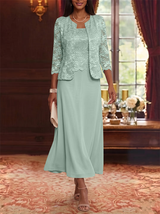 A-Line/Princess Scoop Chiffon Mother of the Bride Dresses with Jacket Floral Lace Tea-Length 3/4 Sleeves