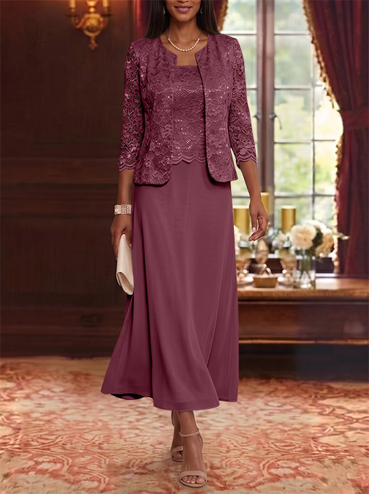 A-Line/Princess Scoop Chiffon Mother of the Bride Dresses with Jacket Floral Lace Tea-Length 3/4 Sleeves