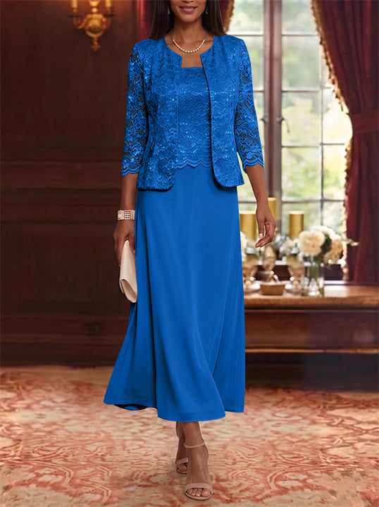 A-Line/Princess Scoop Chiffon Mother of the Bride Dresses with Jacket Floral Lace Tea-Length 3/4 Sleeves