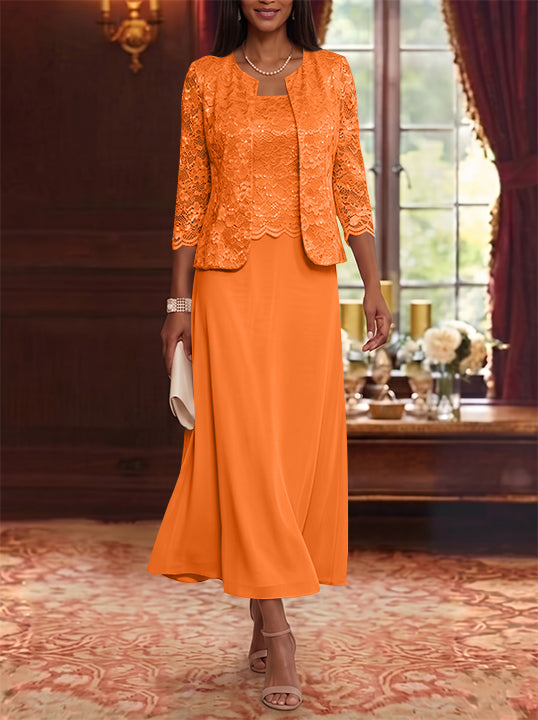 A-Line/Princess Scoop Chiffon Mother of the Bride Dresses with Jacket Floral Lace Tea-Length 3/4 Sleeves