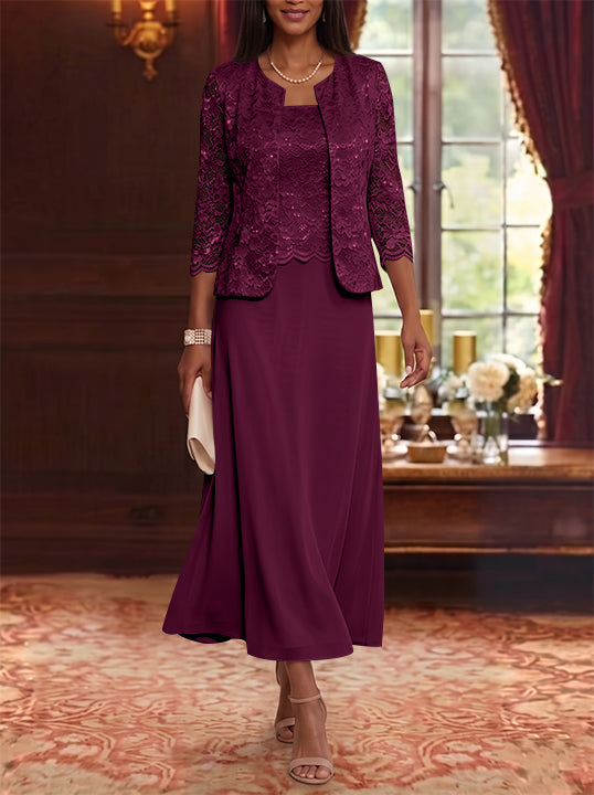 A-Line/Princess Scoop Chiffon Mother of the Bride Dresses with Jacket Floral Lace Tea-Length 3/4 Sleeves