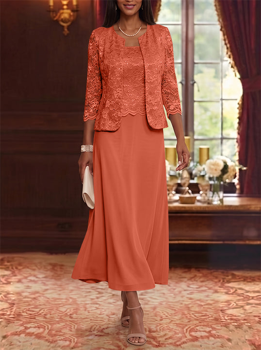 A-Line/Princess Scoop Chiffon Mother of the Bride Dresses with Jacket Floral Lace Tea-Length 3/4 Sleeves