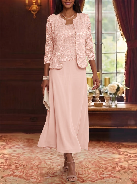 A-Line/Princess Scoop Chiffon Mother of the Bride Dresses with Jacket Floral Lace Tea-Length 3/4 Sleeves