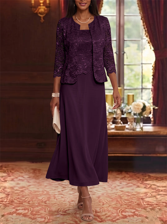 A-Line/Princess Scoop Chiffon Mother of the Bride Dresses with Jacket Floral Lace Tea-Length 3/4 Sleeves