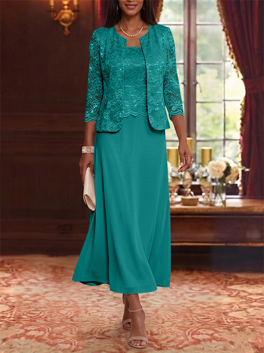 A-Line/Princess Scoop Chiffon Mother of the Bride Dresses with Jacket Floral Lace Tea-Length 3/4 Sleeves