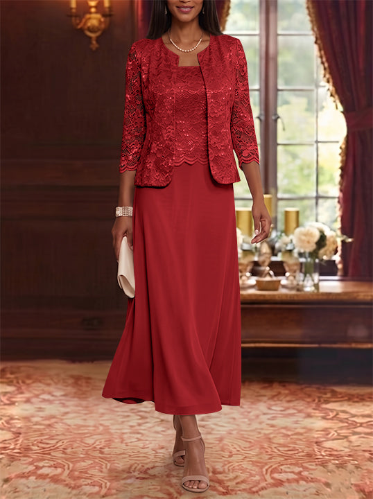 A-Line/Princess Scoop Chiffon Mother of the Bride Dresses with Jacket Floral Lace Tea-Length 3/4 Sleeves