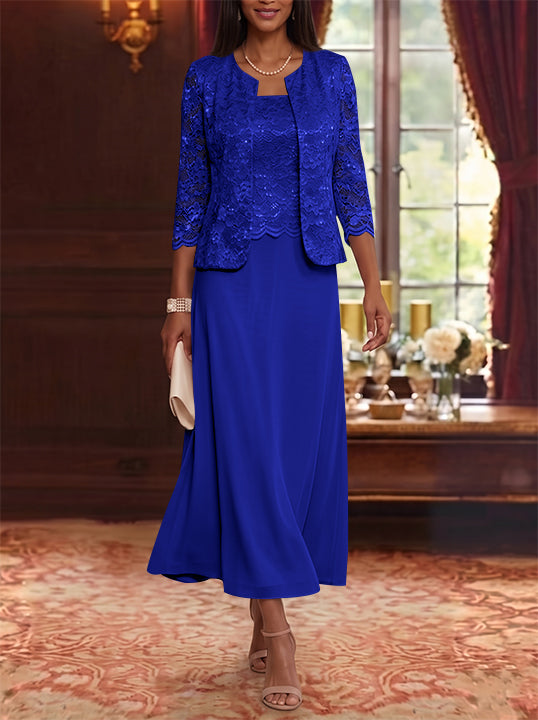 A-Line/Princess Scoop Chiffon Mother of the Bride Dresses with Jacket Floral Lace Tea-Length 3/4 Sleeves