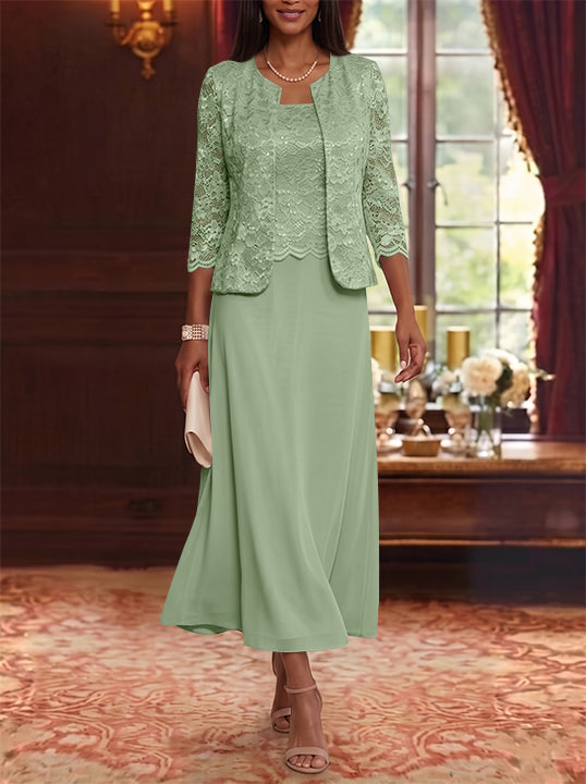 A-Line/Princess Scoop Chiffon Mother of the Bride Dresses with Jacket Floral Lace Tea-Length 3/4 Sleeves