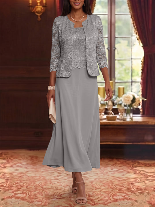 A-Line/Princess Scoop Chiffon Mother of the Bride Dresses with Jacket Floral Lace Tea-Length 3/4 Sleeves
