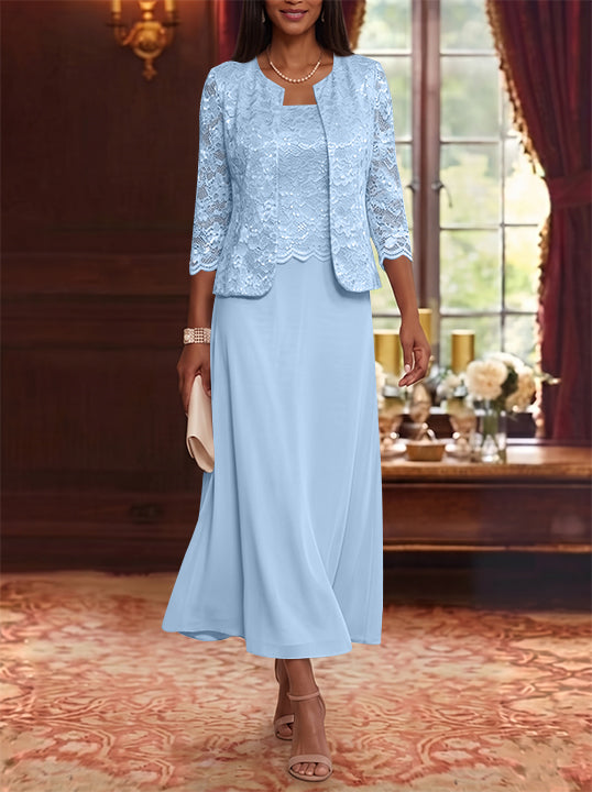 A-Line/Princess Scoop Chiffon Mother of the Bride Dresses with Jacket Floral Lace Tea-Length 3/4 Sleeves
