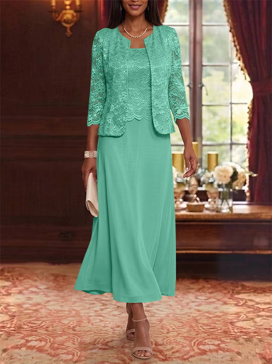 A-Line/Princess Scoop Chiffon Mother of the Bride Dresses with Jacket Floral Lace Tea-Length 3/4 Sleeves