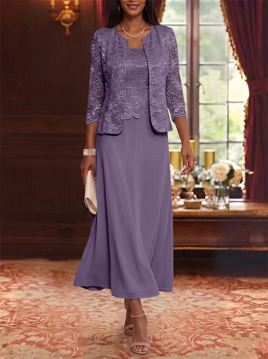 A-Line/Princess Scoop Chiffon Mother of the Bride Dresses with Jacket Floral Lace Tea-Length 3/4 Sleeves