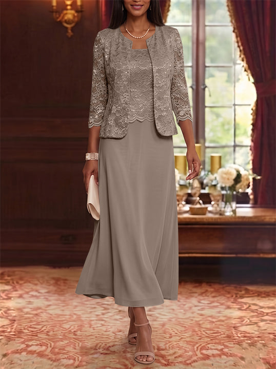 A-Line/Princess Scoop Chiffon Mother of the Bride Dresses with Jacket Floral Lace Tea-Length 3/4 Sleeves