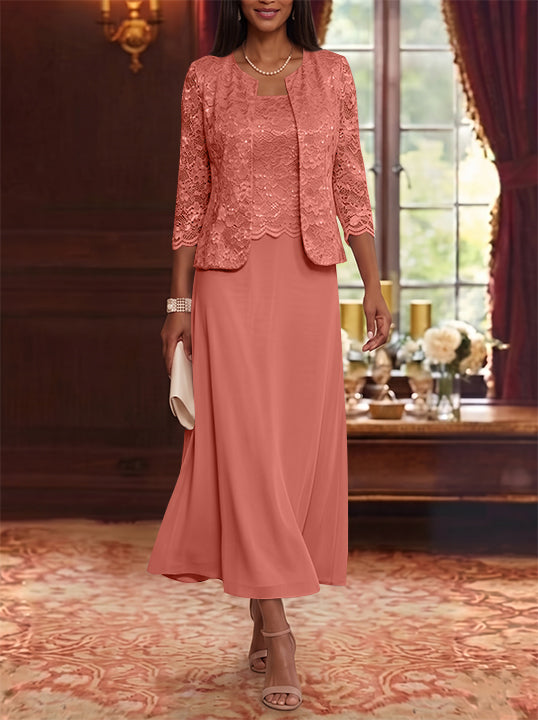 A-Line/Princess Scoop Chiffon Mother of the Bride Dresses with Jacket Floral Lace Tea-Length 3/4 Sleeves