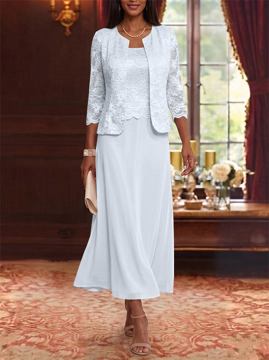 A-Line/Princess Scoop Chiffon Mother of the Bride Dresses with Jacket Floral Lace Tea-Length 3/4 Sleeves