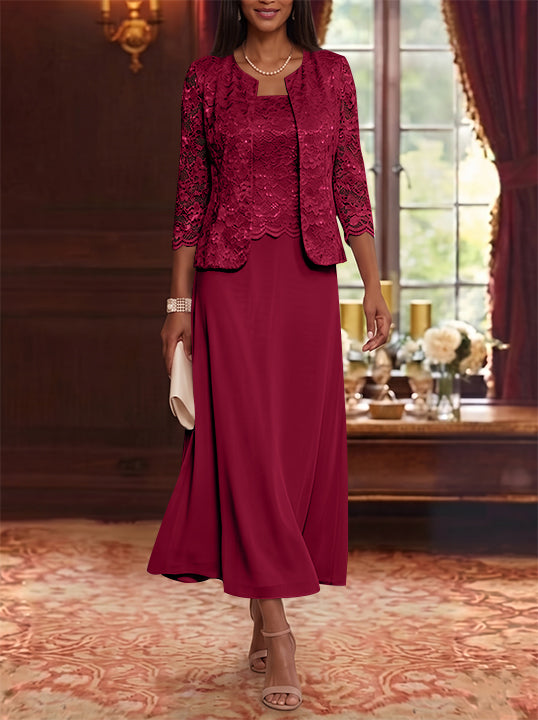 A-Line/Princess Scoop Chiffon Mother of the Bride Dresses with Jacket Floral Lace Tea-Length 3/4 Sleeves