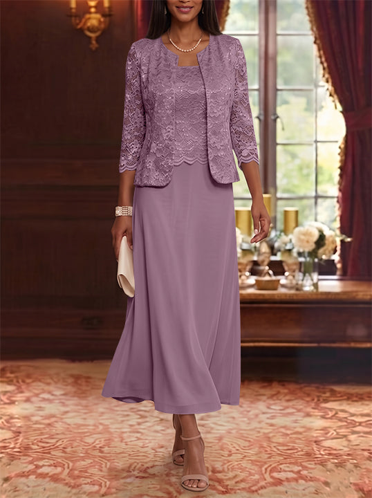 A-Line/Princess Scoop Chiffon Mother of the Bride Dresses with Jacket Floral Lace Tea-Length 3/4 Sleeves