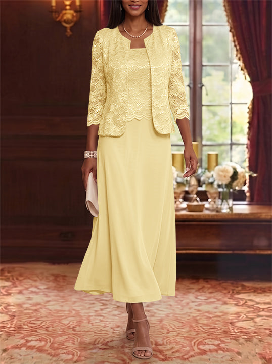 A-Line/Princess Scoop Chiffon Mother of the Bride Dresses with Jacket Floral Lace Tea-Length 3/4 Sleeves