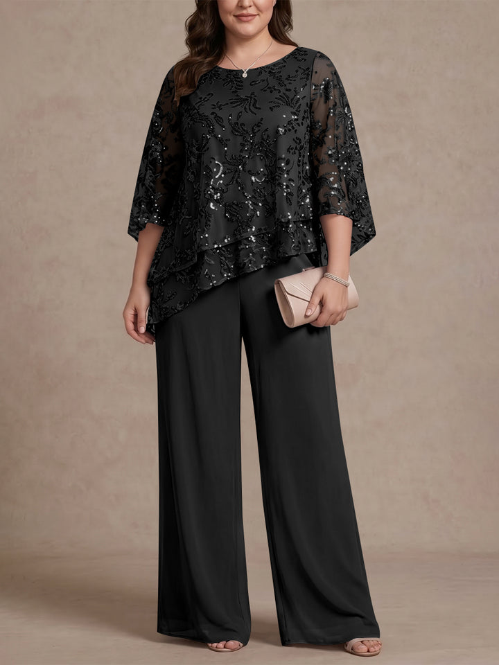 2 Pieces Scoop Chiffon Plus Size Mother of the Bride Pantsuits Floral Sequins Floor-Length 3/4 Sleeves