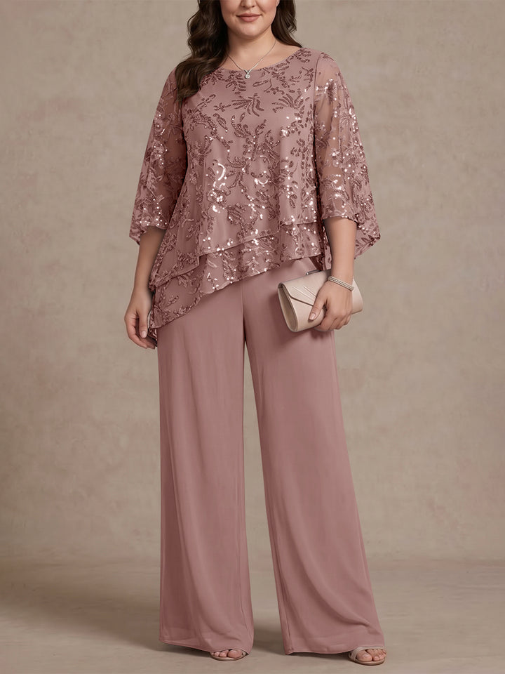2 Pieces Scoop Chiffon Plus Size Mother of the Bride Pantsuits Floral Sequins Floor-Length 3/4 Sleeves