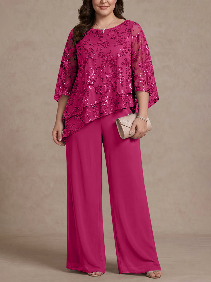 2 Pieces Scoop Chiffon Plus Size Mother of the Bride Pantsuits Floral Sequins Floor-Length 3/4 Sleeves