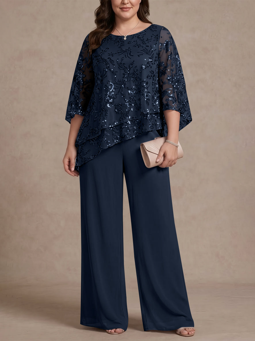 2 Pieces Scoop Chiffon Plus Size Mother of the Bride Pantsuits Floral Sequins Floor-Length 3/4 Sleeves