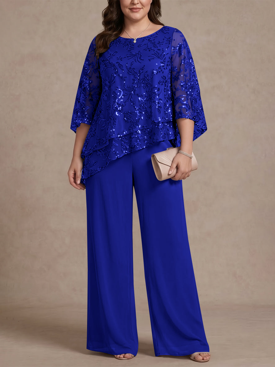2 Pieces Scoop Chiffon Plus Size Mother of the Bride Pantsuits Floral Sequins Floor-Length 3/4 Sleeves