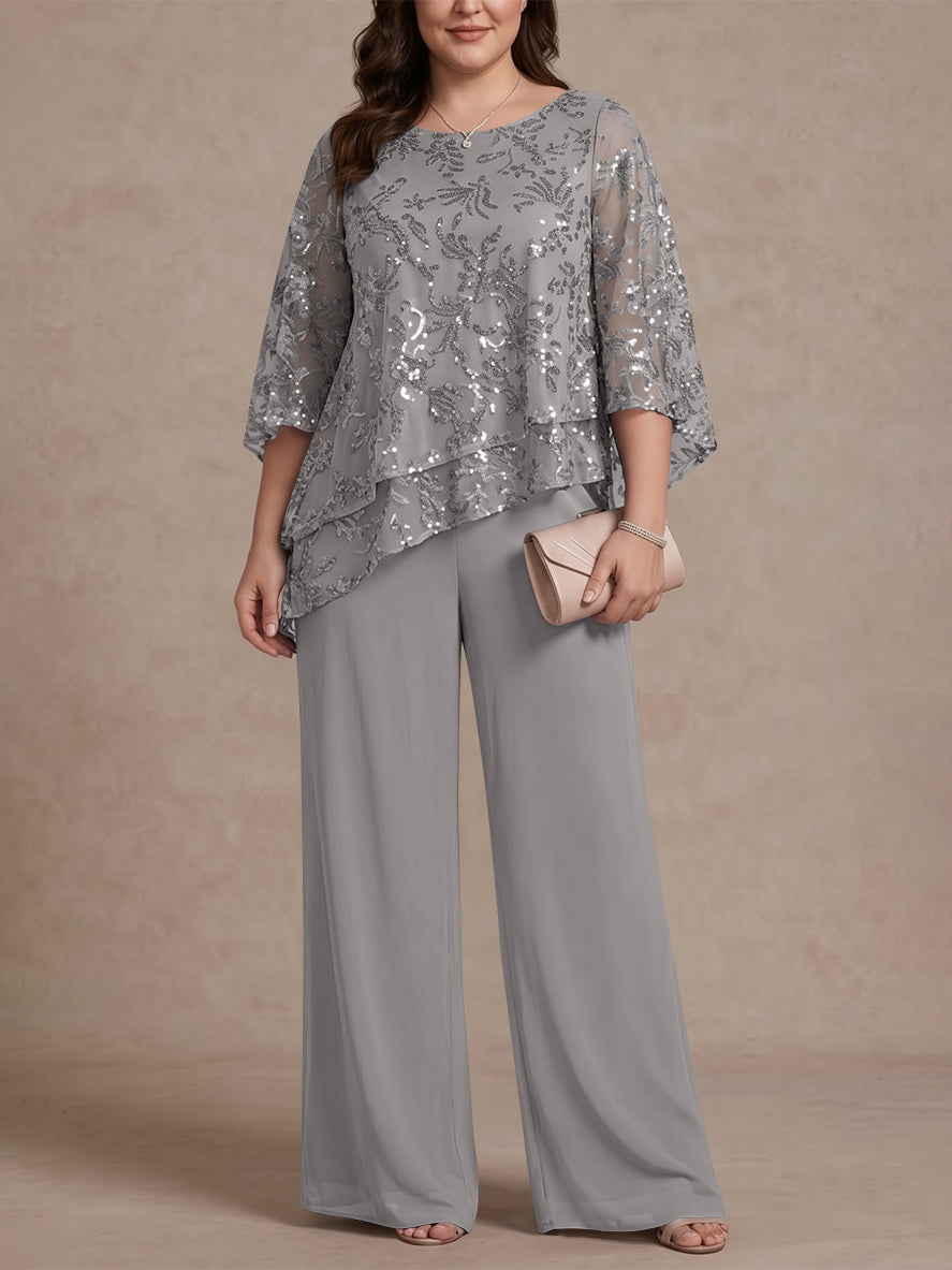 2 Pieces Scoop Chiffon Plus Size Mother of the Bride Pantsuits Floral Sequins Floor-Length 3/4 Sleeves