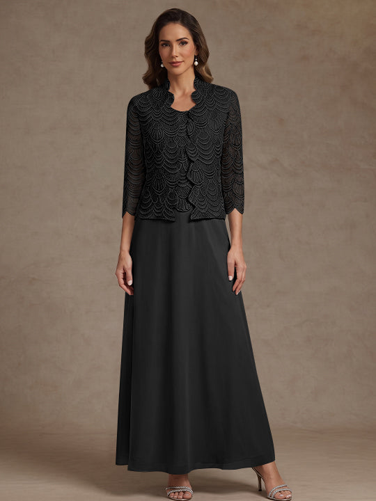 2 Pieces A-Line/Princess Scoop Chiffon Mother of the Bride Dresses Ankle-Length 3/4 Sleeves&Sleeveless with Lace Jacket