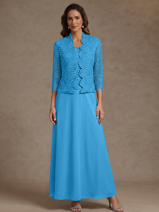2 Pieces A-Line/Princess Scoop Chiffon Mother of the Bride Dresses Ankle-Length 3/4 Sleeves&Sleeveless with Lace Jacket
