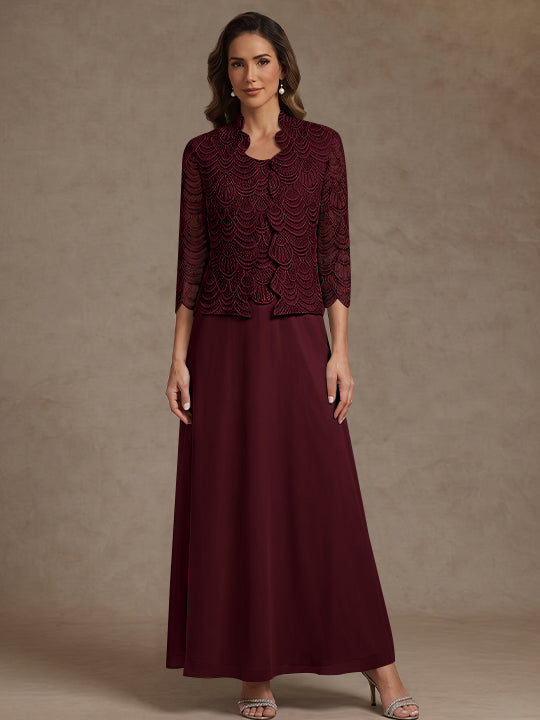 2 Pieces A-Line/Princess Scoop Chiffon Mother of the Bride Dresses Ankle-Length 3/4 Sleeves&Sleeveless with Lace Jacket