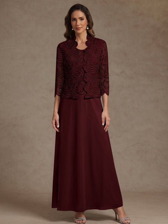 2 Pieces A-Line/Princess Scoop Chiffon Mother of the Bride Dresses Ankle-Length 3/4 Sleeves&Sleeveless with Lace Jacket