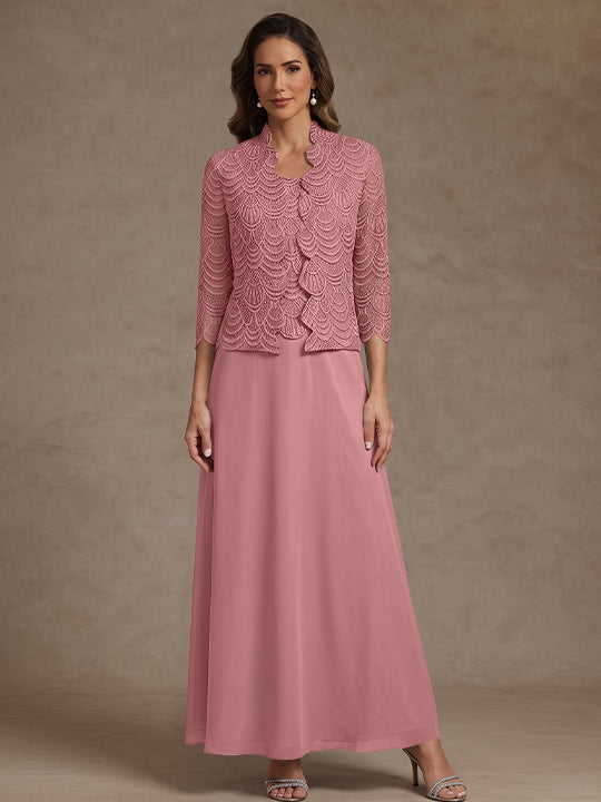 2 Pieces A-Line/Princess Scoop Chiffon Mother of the Bride Dresses Ankle-Length 3/4 Sleeves&Sleeveless with Lace Jacket
