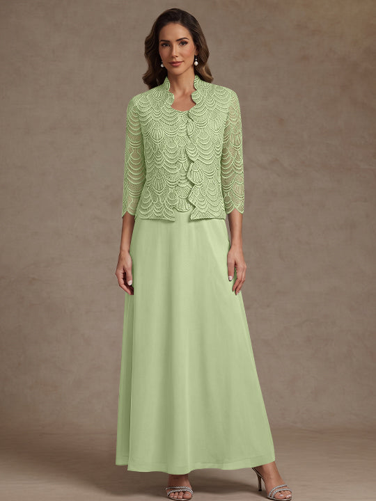 2 Pieces A-Line/Princess Scoop Chiffon Mother of the Bride Dresses Ankle-Length 3/4 Sleeves&Sleeveless with Lace Jacket