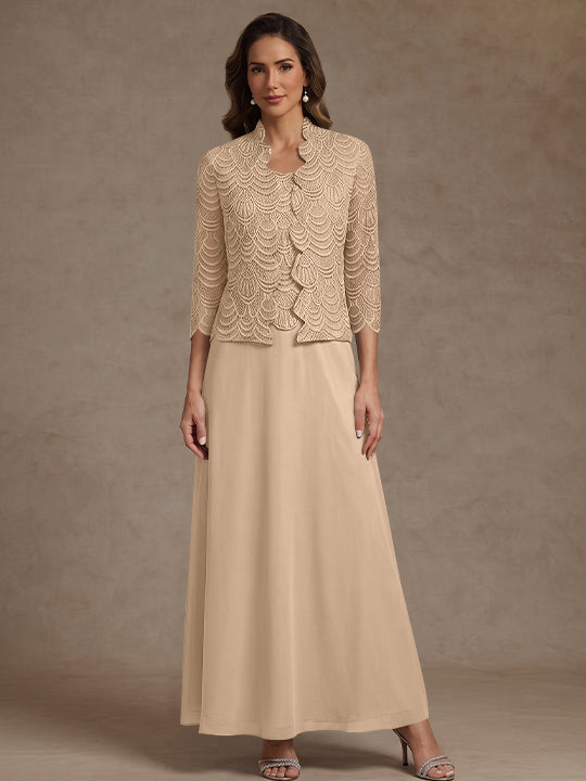 2 Pieces A-Line/Princess Scoop Chiffon Mother of the Bride Dresses Ankle-Length 3/4 Sleeves&Sleeveless with Lace Jacket