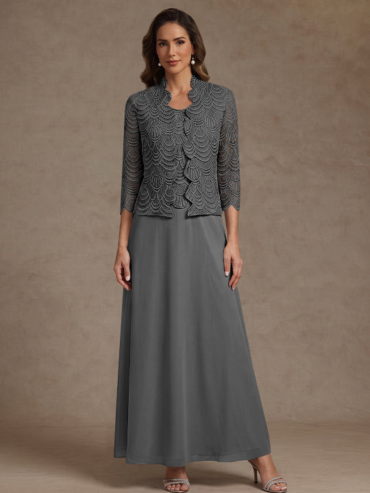 2 Pieces A-Line/Princess Scoop Chiffon Mother of the Bride Dresses Ankle-Length 3/4 Sleeves&Sleeveless with Lace Jacket