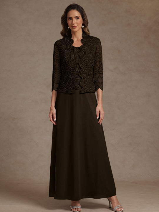 2 Pieces A-Line/Princess Scoop Chiffon Mother of the Bride Dresses Ankle-Length 3/4 Sleeves&Sleeveless with Lace Jacket