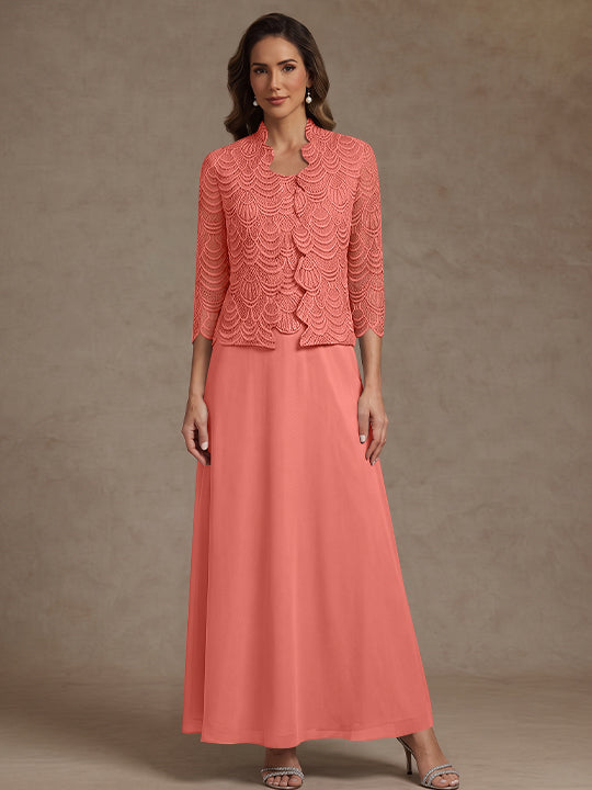 2 Pieces A-Line/Princess Scoop Chiffon Mother of the Bride Dresses Ankle-Length 3/4 Sleeves&Sleeveless with Lace Jacket