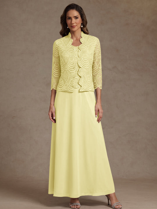 2 Pieces A-Line/Princess Scoop Chiffon Mother of the Bride Dresses Ankle-Length 3/4 Sleeves&Sleeveless with Lace Jacket