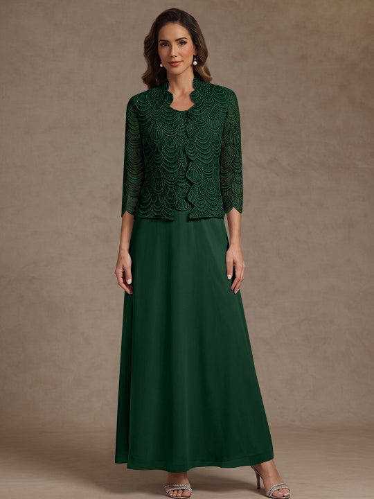 2 Pieces A-Line/Princess Scoop Chiffon Mother of the Bride Dresses Ankle-Length 3/4 Sleeves&Sleeveless with Lace Jacket