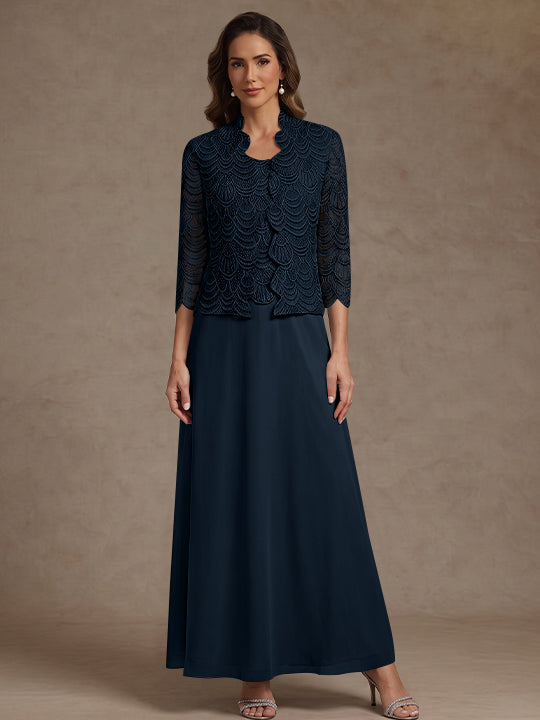2 Pieces A-Line/Princess Scoop Chiffon Mother of the Bride Dresses Ankle-Length 3/4 Sleeves&Sleeveless with Lace Jacket