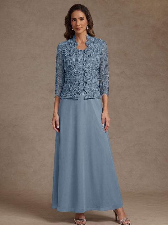 2 Pieces A-Line/Princess Scoop Chiffon Mother of the Bride Dresses Ankle-Length 3/4 Sleeves&Sleeveless with Lace Jacket