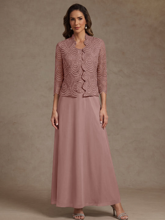 2 Pieces A-Line/Princess Scoop Chiffon Mother of the Bride Dresses Ankle-Length 3/4 Sleeves&Sleeveless with Lace Jacket