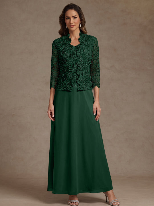 2 Pieces A-Line/Princess Scoop Chiffon Mother of the Bride Dresses Ankle-Length 3/4 Sleeves&Sleeveless with Lace Jacket