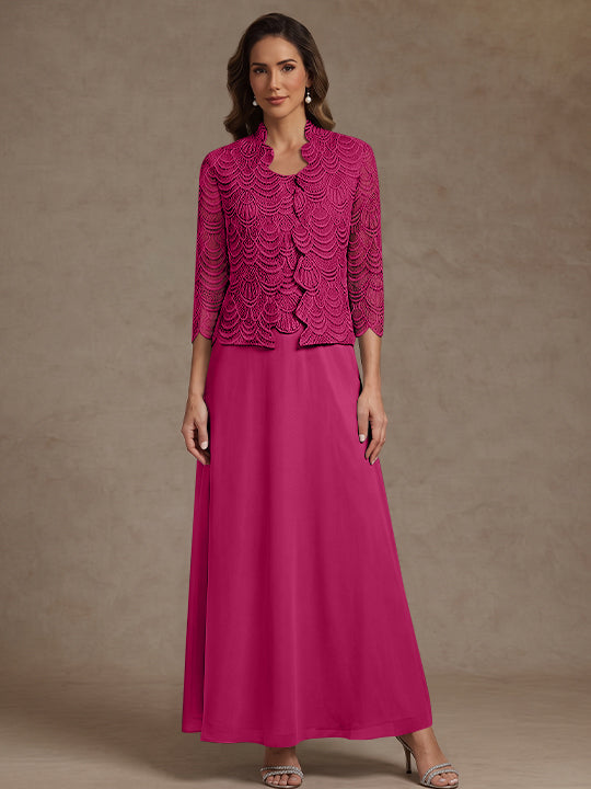 2 Pieces A-Line/Princess Scoop Chiffon Mother of the Bride Dresses Ankle-Length 3/4 Sleeves&Sleeveless with Lace Jacket